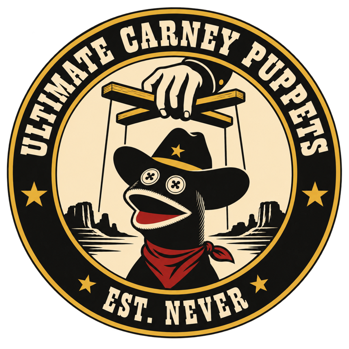 Ultimate Carney Puppets crest: a sock puppet in a cowboy hat dangling from a marionette control bar